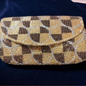Vintage Gold & Bronze Beaded Evening Clutch Geometric Cocktail Purse